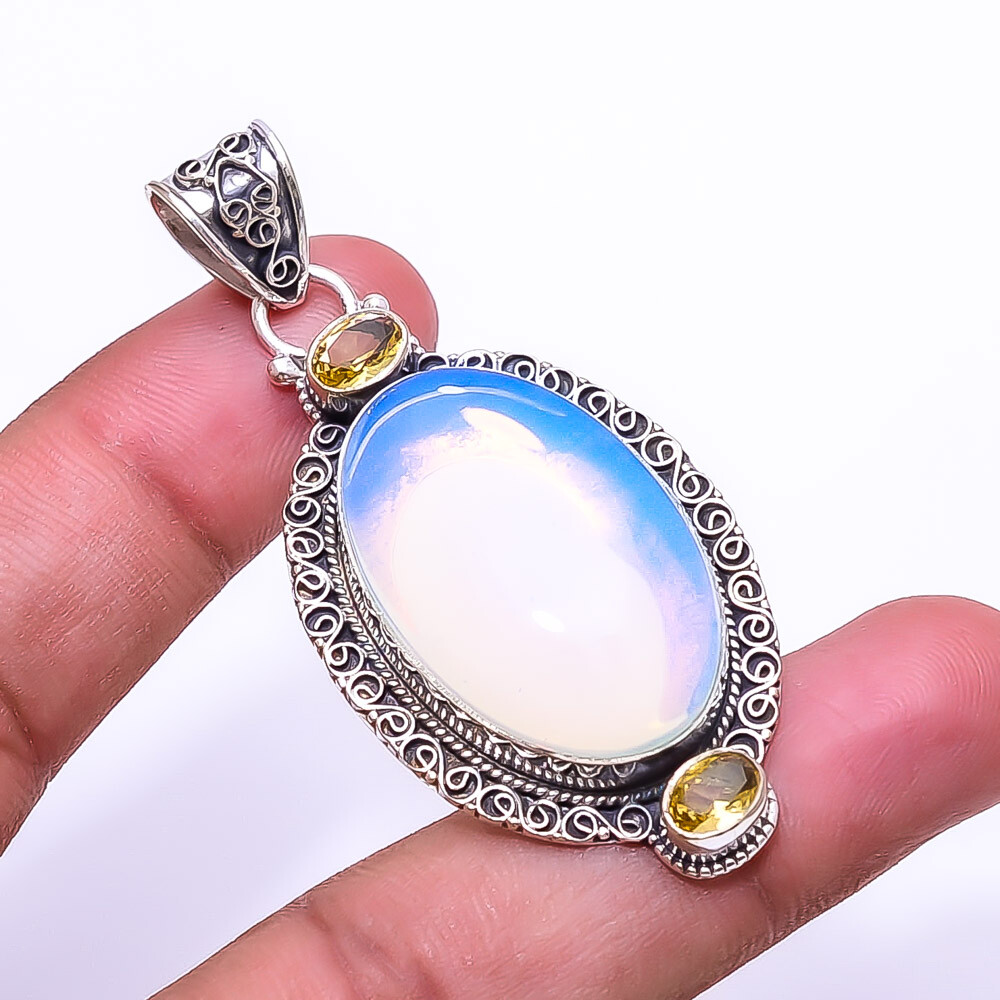 Milky Opal Citrine 925 Sterling Silver Pendant Fine Art Gemstone Jewelry 2.15 Inch P76