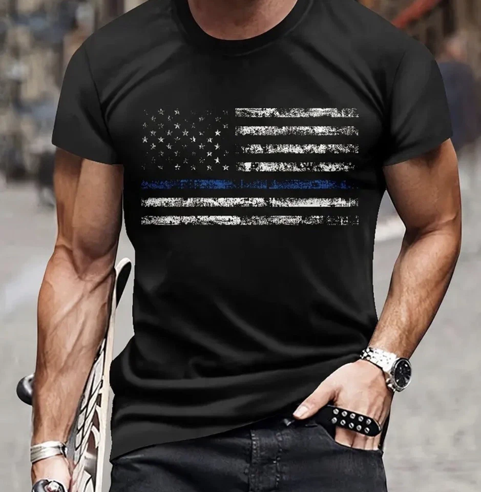 Bandera Americana Hombre - Línea Azul - T Negra - XXL - Patriótica - 4 de Julio Apoyo Policía Foto 2 de 3