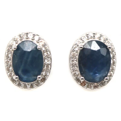 925 Sterling Silber 6 X 8 Mm. Blaue Saphir & Weiße Zirkon Ohrringe - Bild 1 von 4