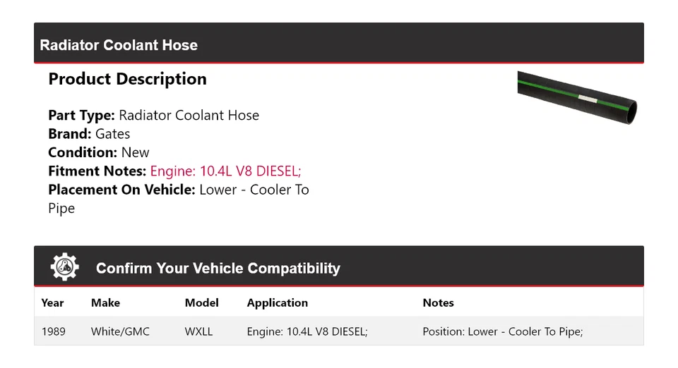 适用于 1989 白色/GMC WXLL 散热器 冷却液软管较低 - 冷却器到管道门 — 第 2/4 张图片