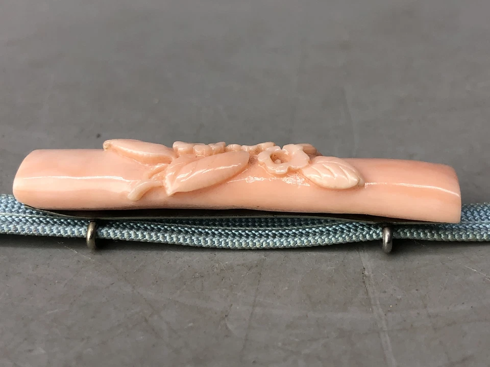 Y8222 OBIDOME Coral Grabado Faja Clip Broche Japón Antiguo Kimono Accesorio Foto 2 de 4