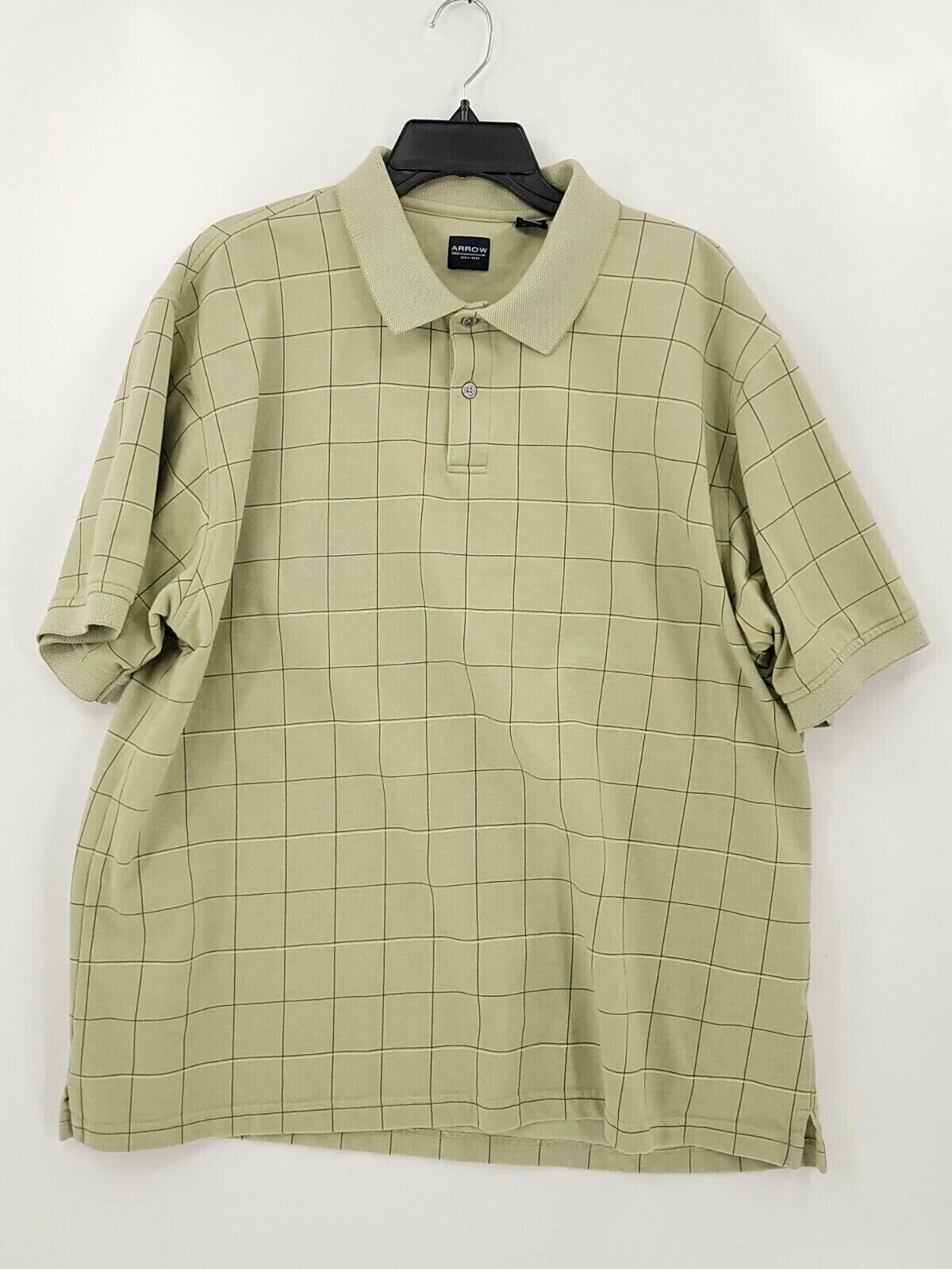 Arrow Polo Shirt Men Adult Size XL Color Green Plaid 2 Button Up Collared Casual