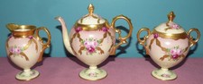 Pickard 3 Piece Pedestal Tea Set Gold & Floral Signed C. Hahn