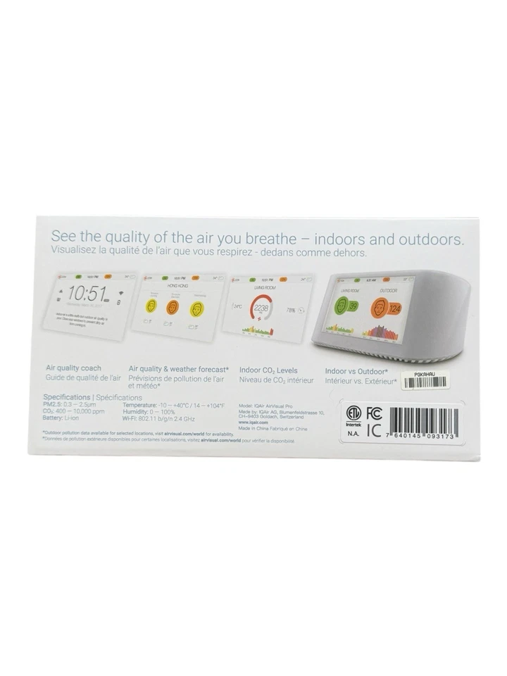 NOVO IQAir AirVisual Pro Monitor de Qualidade do Ar PM2.5 CO2 AQI Temperatura Umidade Branco - Imagem 4 de 4