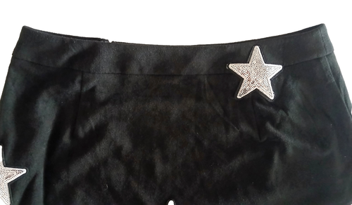 Main Strip Faux Suede Mini Skirt Silver Sequin Stars Pockets Front Zip Women Lrg - Picture 10 of 12