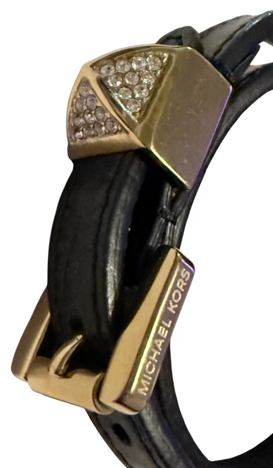 Michael Kors Women's Black Leather Double Wrap Belt Bracelet Gold Pyramid Collar - Image 4 of 4