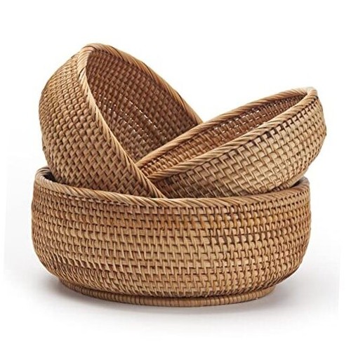 Round Rattan Fruit Baskets Woven Storage Bowls Key Holder Stackable for Shelf