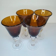 Artland Orange Amber Water Goblets Hand Blown Seeded Bubble Glass Lot Of 4
