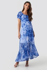 NA-KD Women's Dress Tie Dye Puff Sleeve Maxi Dress Blue, 36