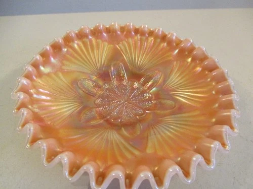 Dugan Peach Carnival Glass Opalescent Petal and Fan dish No Reserve