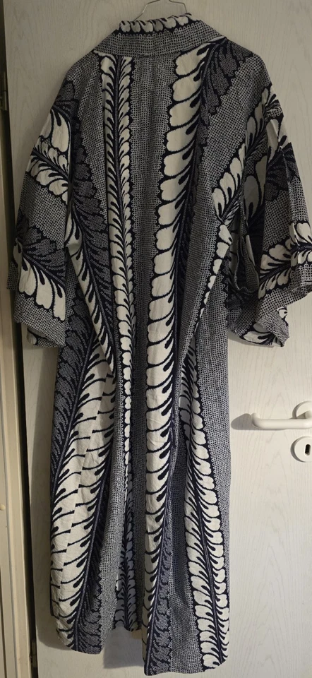 Damen Kimono Bade-/Morgenmantel Baumwolle blau/weiß Blumen Langarm Gürtel - Bild 3 von 4