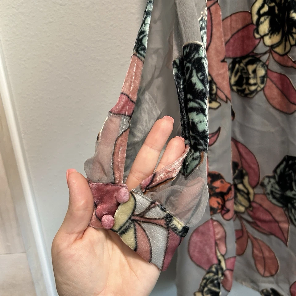 Vestido para mujer pequeño manga dividida terciopelo agotado forrado floral transparente hada cuello en V Foto 3 de 4