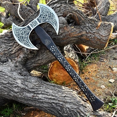 Custom Handmade, High Carbon Steel, Double  Headed, Viking  Axe, Etched Blade,
