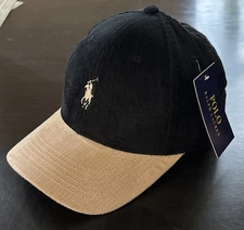 POLO Ralph Lauren Men's Corduroy Adjust Dad Baseball Cap Black Khaki Small Pony