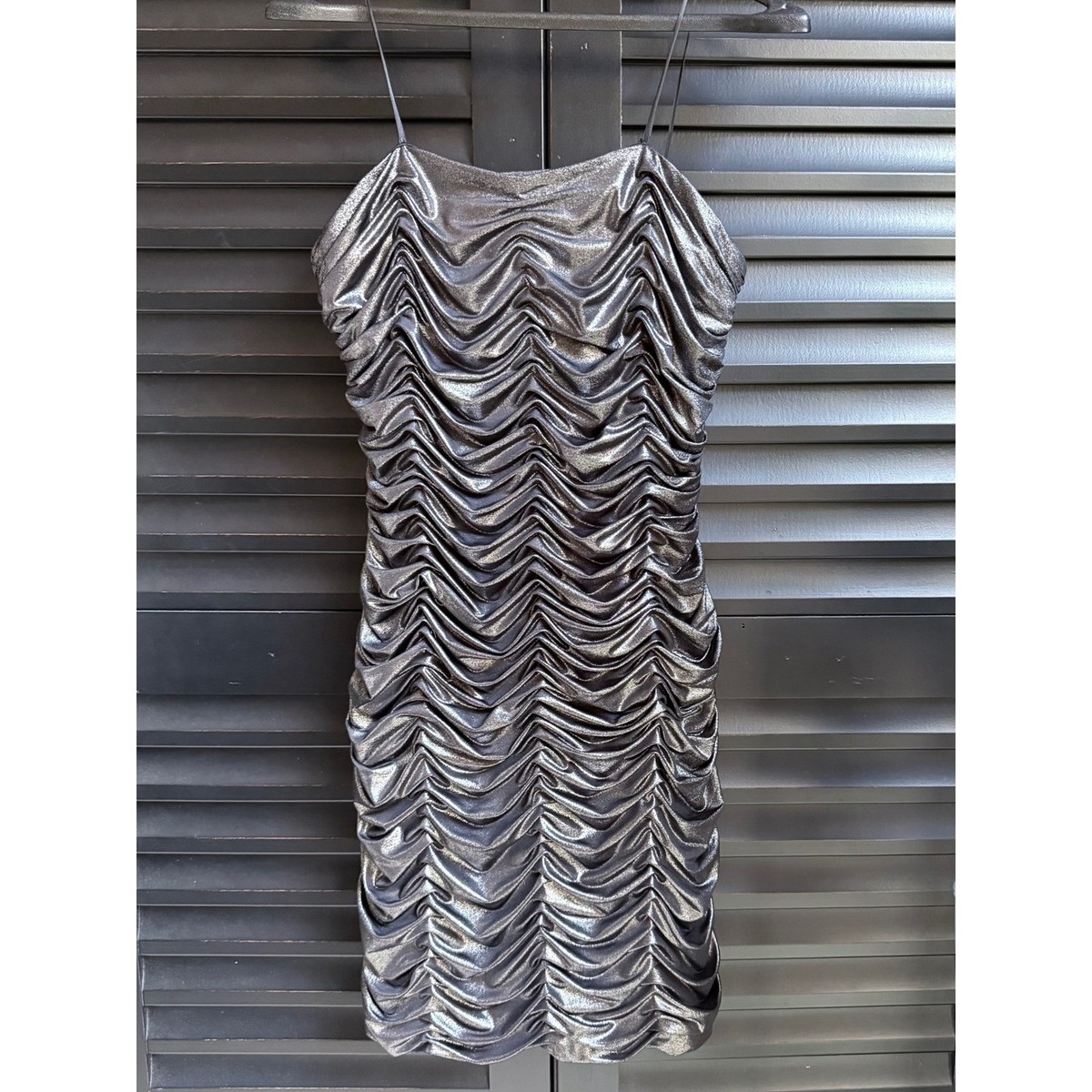 90s ruched dress 90s y2k Mini Strapless Dress Caché Metallic Dark Silver Ruched Bodycon 8