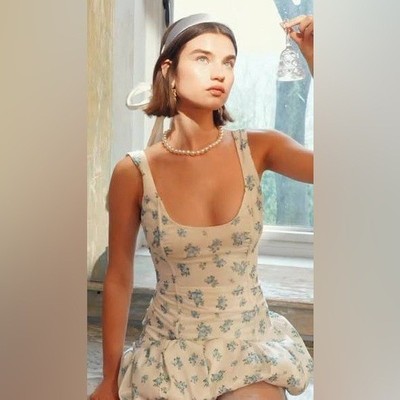 $269 NWOT White For Love And Lemons  Evelyne  Blue Floral Mini Dress Sz Small