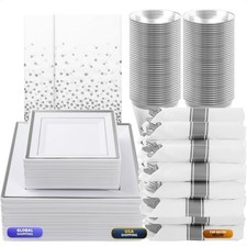 Goodluck 352 Pieces Silver Dinnerware Set 50 Guests Square Plastic Plates