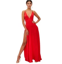 Pretty Little Thing Red Strappy Back Extreme Slit Maxi Dress Size 10 NWT