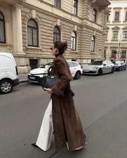 Brown Suede Leather Long Trench Coat Women with belt XS S M L XL 2XL 3XL