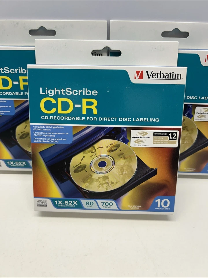 THREE Verbatim 700MB 80 Minutes 1x-52x Speed LightScribe CD-R Recordable 10 Pack - Image 2 of 3