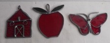 Vintage 1-Lot of 3 Red Lead Stained Glass Sun Light Catchers Window Hanging