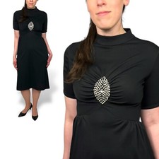 Black 70s Vintage Mock Neck Half Sleeve Midi Dress Faux Pearl Gem Studded