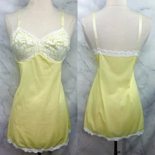 Vintage Pembrooke 60s Slip dress Sz 32 S Yellow Lace lace bullet bra whimsical