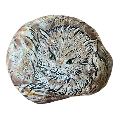 Hand Painted Rock Tabby Cat Stone Paperweight Resting Kitty Brown Tan Vintage