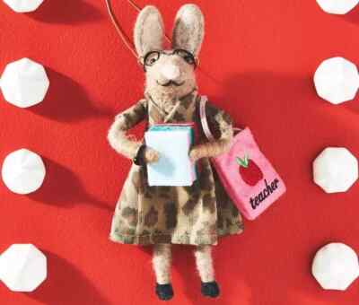 Anthropologie Busy Bunny Teacher Christmas Felted Wool Ornament Tote Bag NEW