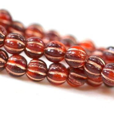 6 mm Round Melon Beads, Ladybug Red And Orange w/Copper Wash, 25 Pieces