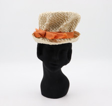 Vintage 60s Mr. John Jr. White Straw Hat with Orange Bow Oblong 60s Women's Cap