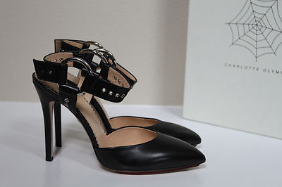 New 9.5 / 39.5 Charlotte Olympia Domina Black Leather Ankle Pump Heel Shoes