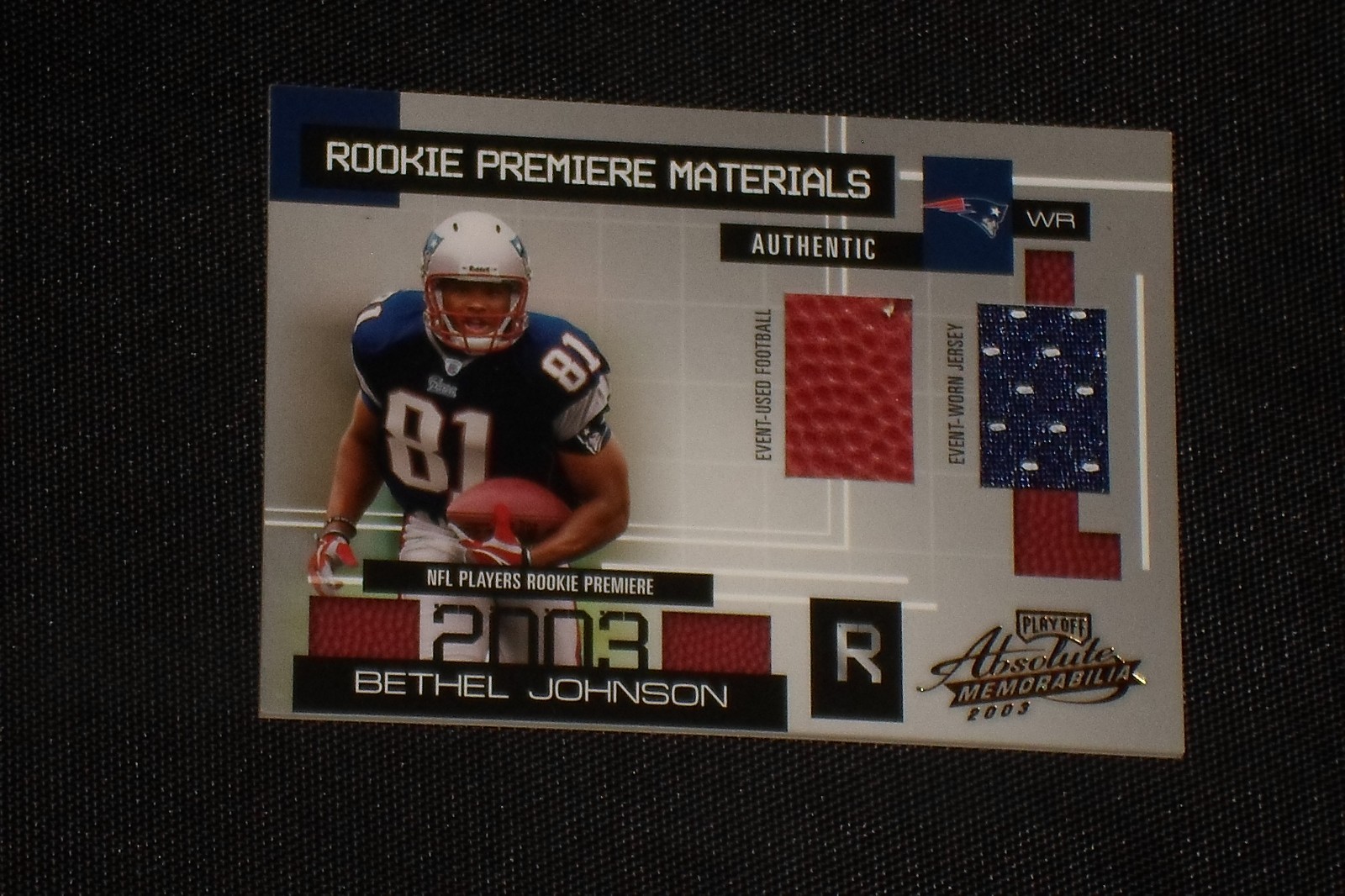 BETHEL JOHNSON 2003 ABSOLUTE MEMORABILIA GAME USED JERSEY & FOOTBALL CARD