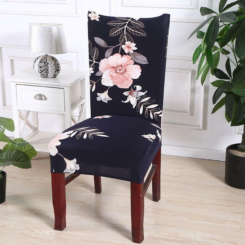 Dark Navy Blue Pink Floral Print Dining Chair Cover Slipcover