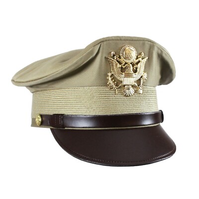 帽子 Butcher Products Military Hat 7 5/8 US Army Officers PEAKED KHAKI VISOR CAP - All Sizes - WW2 Crusher