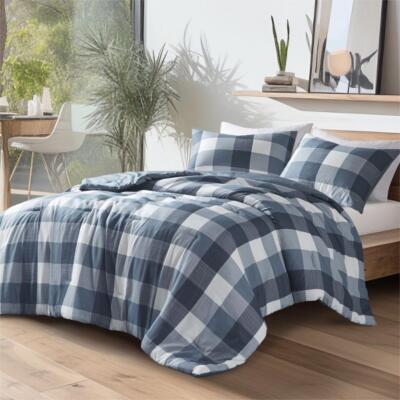 3 Piece Checked Reversible Queen Full King Twin Comforter Set New for All Season