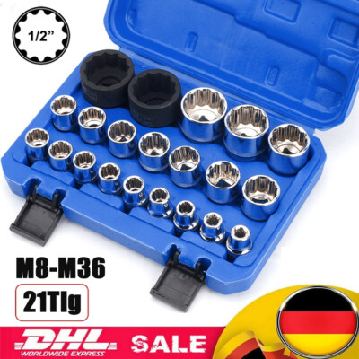 21tlg 1/2 Steckschlüssel Vielzahn Nuss Satz Stecknuss für 6 und 12 Kant 8-36mm