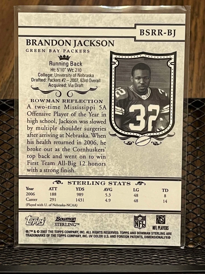 BRANDON JACKSON 2007 BOWMAN STERLING GREEN BAY PACKERS ROOKIE JERSEY PATCH RELIC - Image 2 of 2