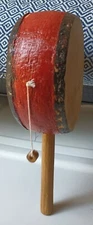 VINTAGE RAWHIDE & WOOD HANDLE HAND RATTLE DRUM - 10 3/4" Tall - Works Great!