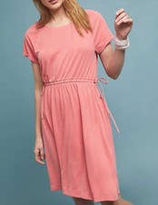 ANTHROPOLOGIE WOMEN'S CORAL PINK SHORT SLEEVE CUPRO RIBBED WAISTED DRESS Sz S