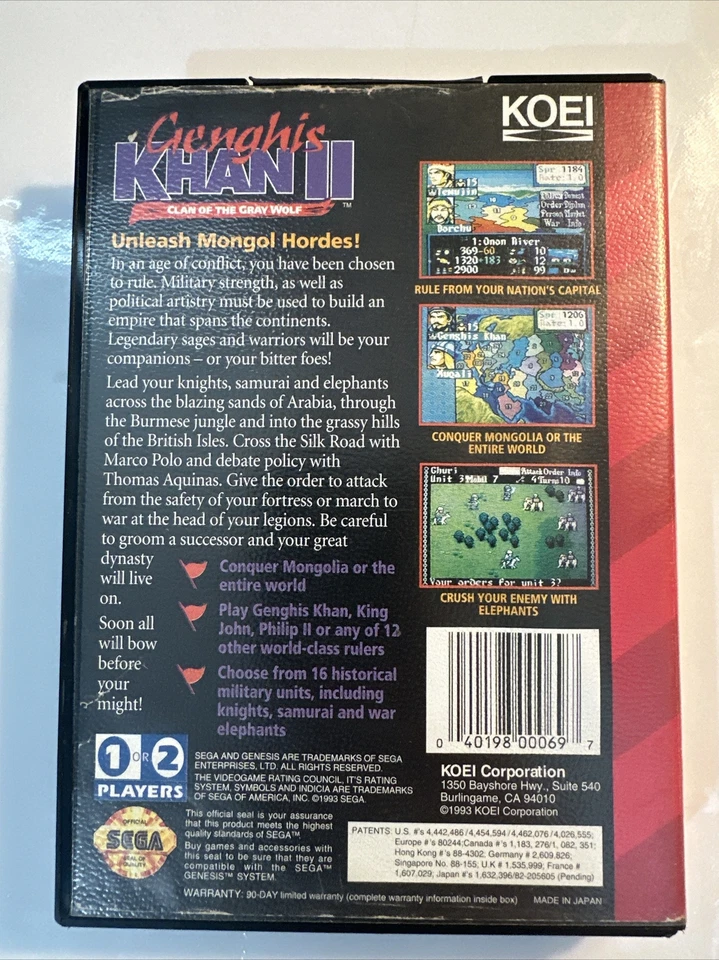 Genghis Khan 2 Clan Of The Gray Wolf Sega Genesis KOEI 1993 **No Manual** - Image 2 of 4
