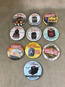 Lot of 10 Classic Toy Trains Vintage Tin Button Pins