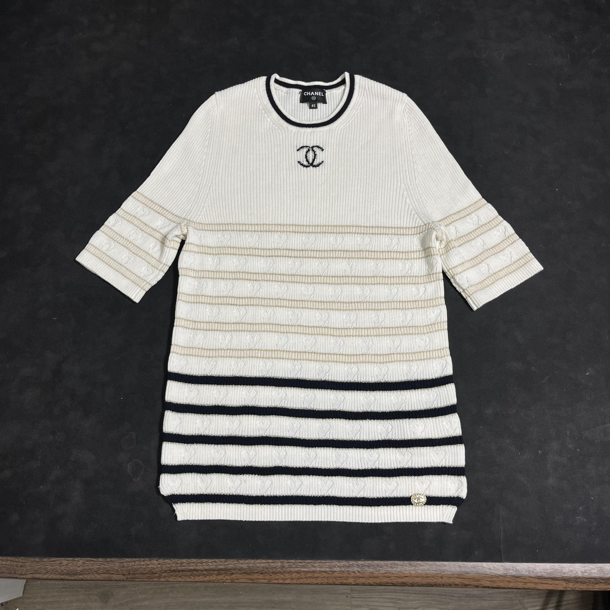Chanel Sweater Womens 40 White Stripe Heart Logo Cashmere Crewneck