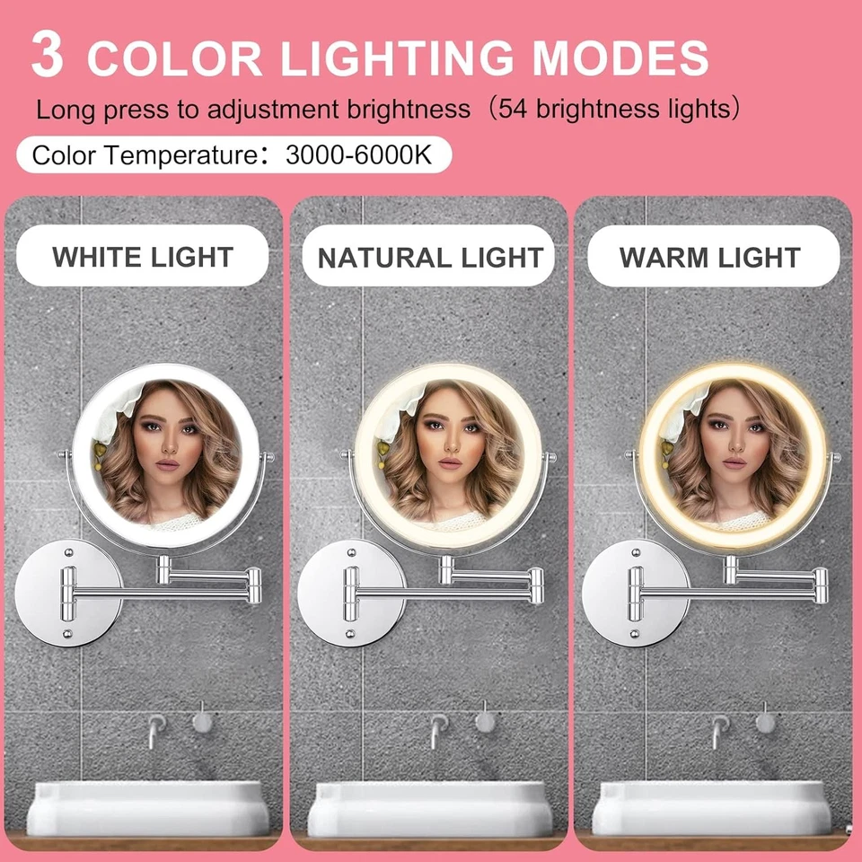 Miroir de Maquillage Mural Lumineux 8", Double Face 1X/10X Loupe Chrome - Photo 3/4