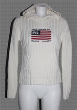 VTG Ralph Lauren Polo Jeans U.S. Flag Ribbed Cotton Ivory Hoodie Sweater Wm's M