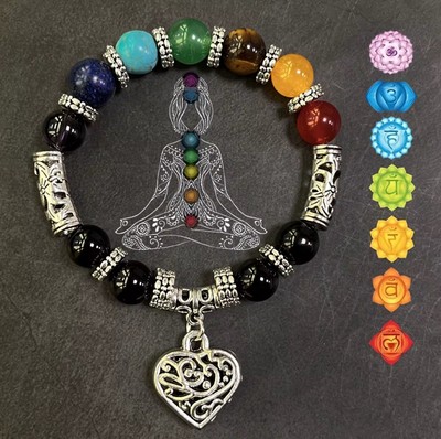 Handgefertigte 7 Chakra Ausgleich Yoga Naturstein 19 cm Armband mit Lotus Herz