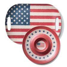 2PC Patriotic Bamboo Fiber Trays Set - 18" Handled Serving Tray & 13" Chip&Di...