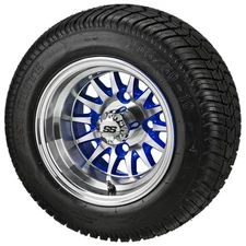 (4) Golf Cart 205/50-10 Low Profile Tires on 10x7 Machined/Blue 14-Spoke Wheels