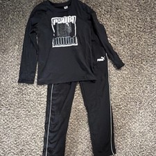 PUMA Boys Black 100 Cotton Activewear Outfit Set Long Sleeve Shirt Pants Size M