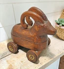 Vintage Wooden Ram Goat on Wheels Figurine Spice Box Original Old Hand Carved